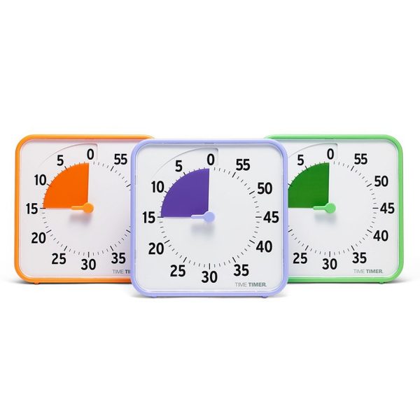 Oranž, lilla ja roheline Time Timer otsevaates sätitud 15 minuti peale.