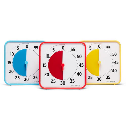 Sinine, punane ja kollane keskmise suurusega Time Timer otsevaates sätituna 30 minuti peale
