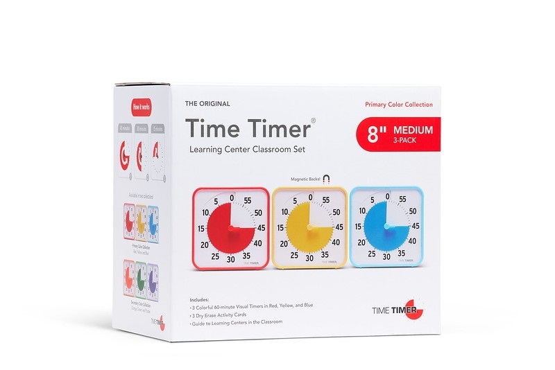 Punane, kollane ja sinine keskmise suurusega Time Timeri karp, mille peale on kirjutatud Time Time 8" MEDIUM (kolmene pakk)
